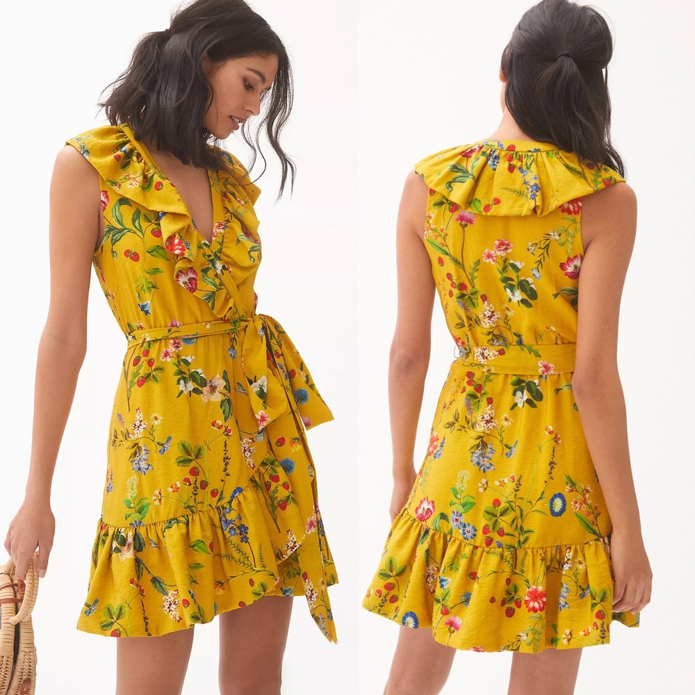 Maeve Anthropologie Floral Wrap Mini Dress, XS Yellow, Strawberry Garden Cottage